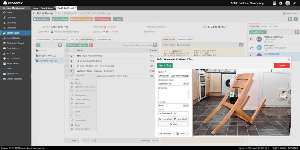 Case management document handling connected to email workflow